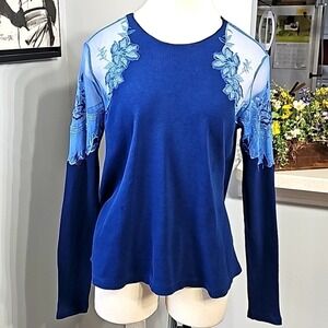 FREE PEOPLE, navy blue long sleeve shirt W/ brocade flowers at shoulders Size XS